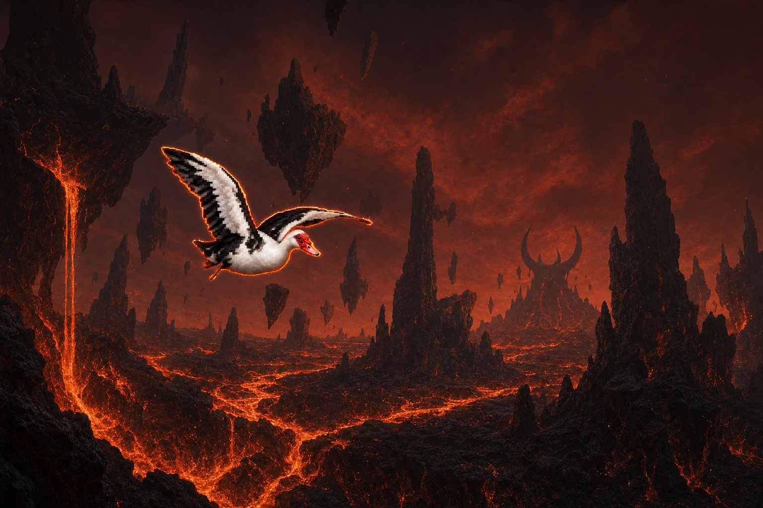 Hank gliding between basalt towers above rivers of lava